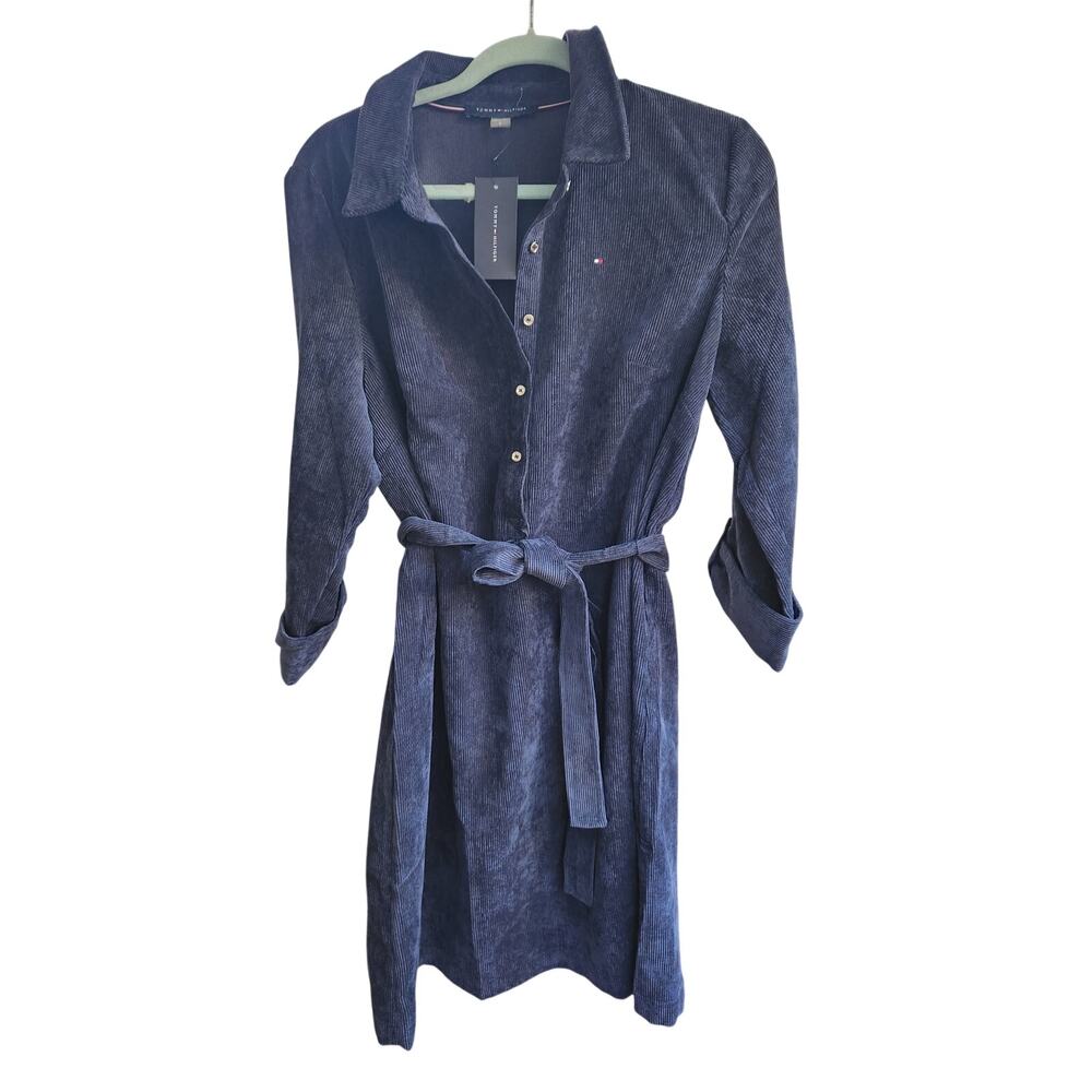 NWT Tommy Hilfiger Corduroy Shirt Dress Size 12 Navy Belted Button Front